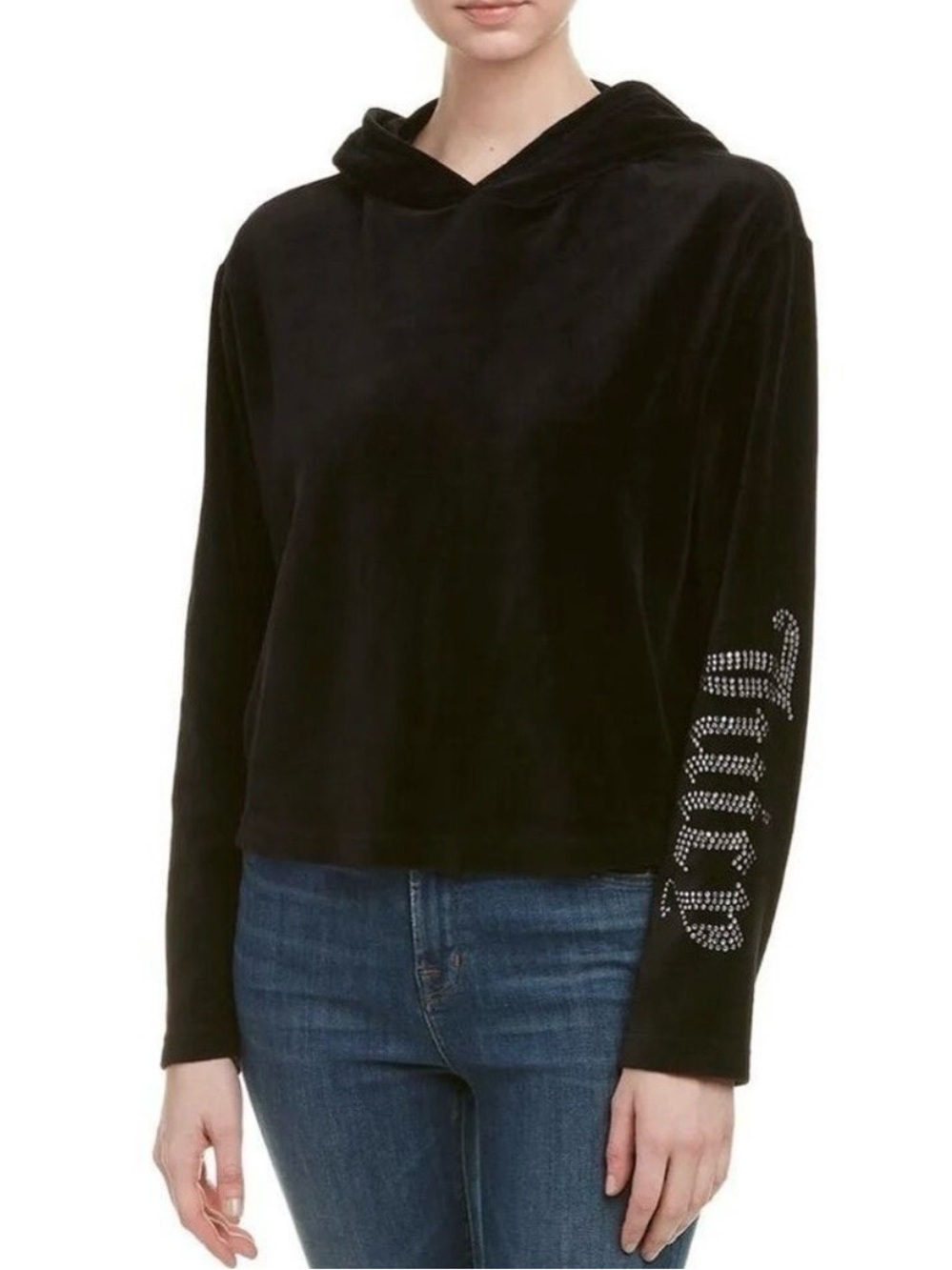 Juicy Couture Black Velvet Hooded Top with Rhinestone Sleeve Script